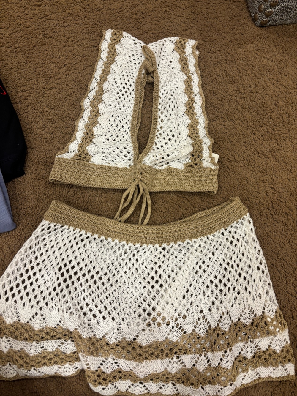 SHEIN White and Tan Crochet Two-Piece Swim Cover-Up Set